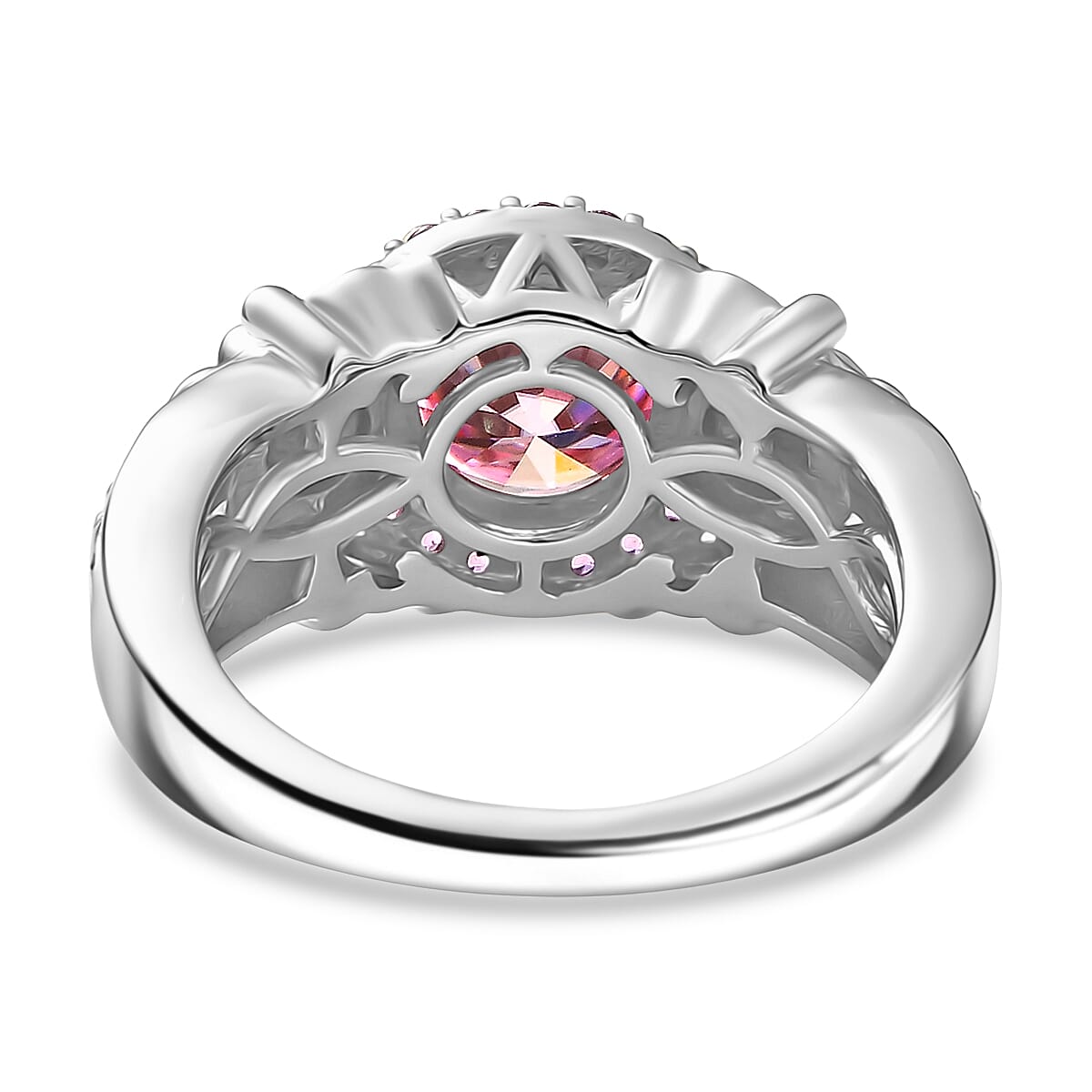 D'Joy Pink Moissanite, Pink Sapphire & Moissanite Ring in Rhodium Overlay Sterling Silver 2.13 Ct.