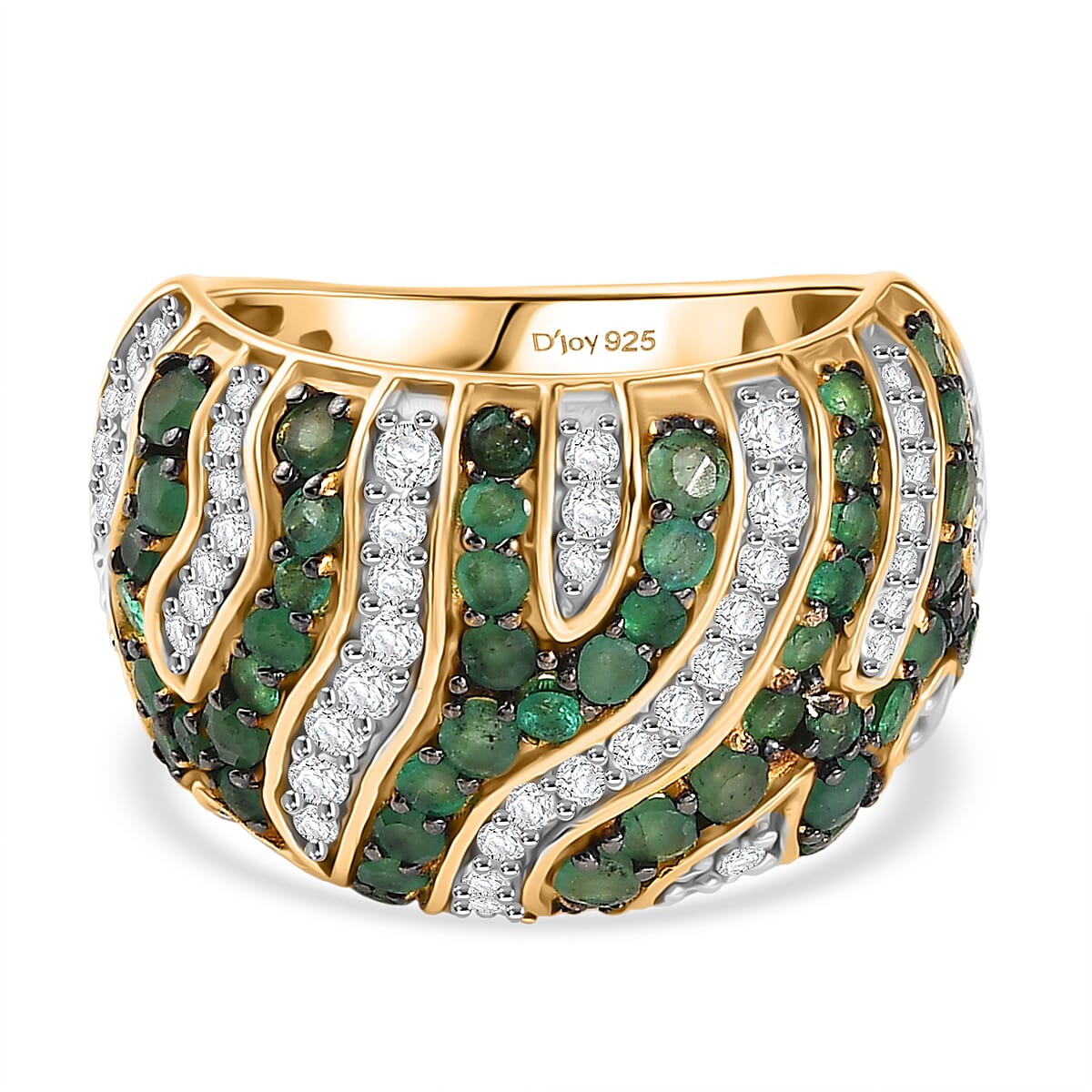 D'Joy Emerald & Moissanite Cluster Ring in 18K Vermeil Yellow Gold Plated Sterling Silver 2.33 Ct, Silver Wt. 7.27 Gms.