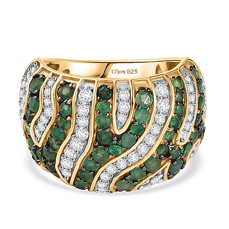 D'Joy Emerald & Moissanite Cluster Ring in 18K Vermeil Yellow Gold Plated Sterling Silver 2.33 Ct, Silver Wt. 7.27 Gms.