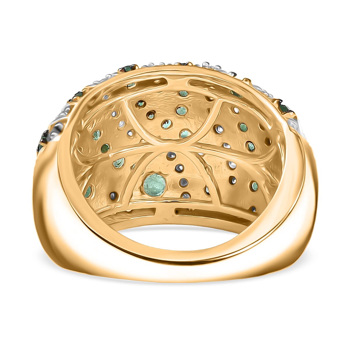 D'Joy Emerald & Moissanite Cluster Ring in 18K Vermeil Yellow Gold Plated Sterling Silver 2.33 Ct, Silver Wt. 7.27 Gms.