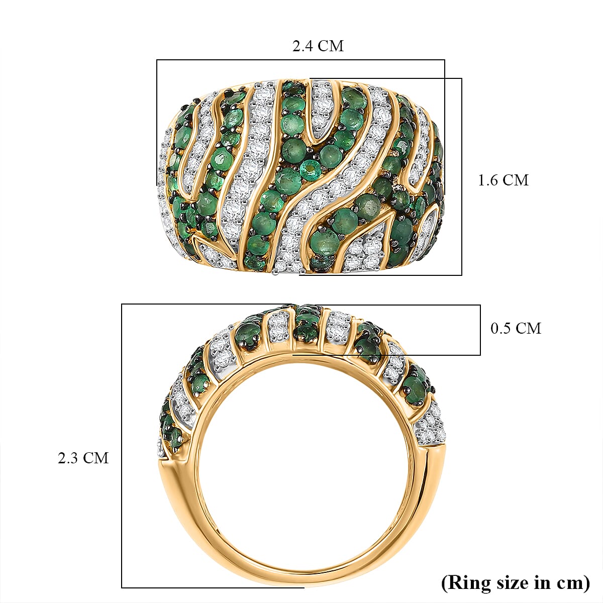 D'Joy Emerald & Moissanite Cluster Ring in 18K Vermeil Yellow Gold Plated Sterling Silver 2.33 Ct, Silver Wt. 7.27 Gms.