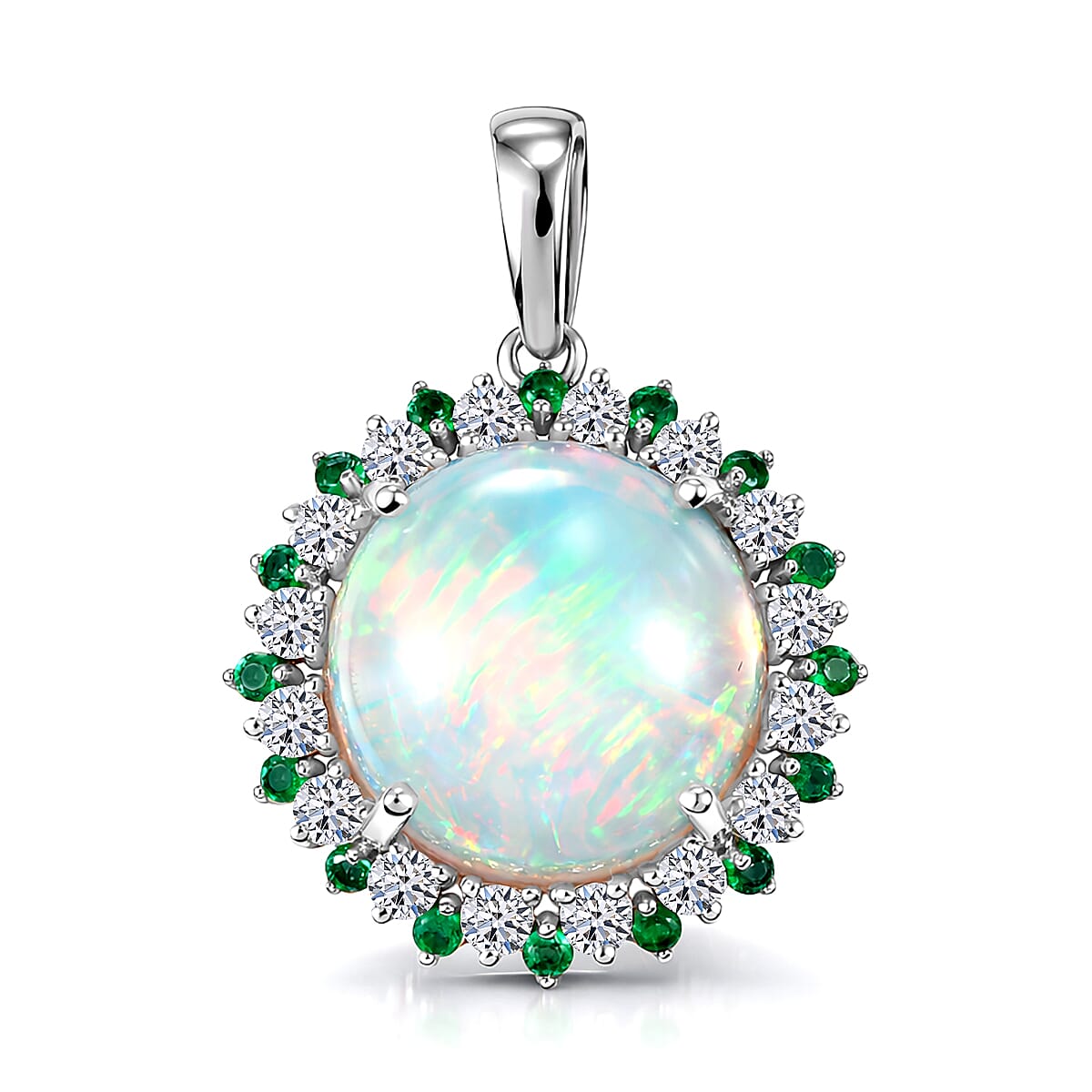 Luxuriant 950 Platinum AAA Ethiopian Opal Emerald & SI-G-H Lab Grown Diamond Halo Pendant 6.47 Ct, Platinum Wt. 4.13 Gms