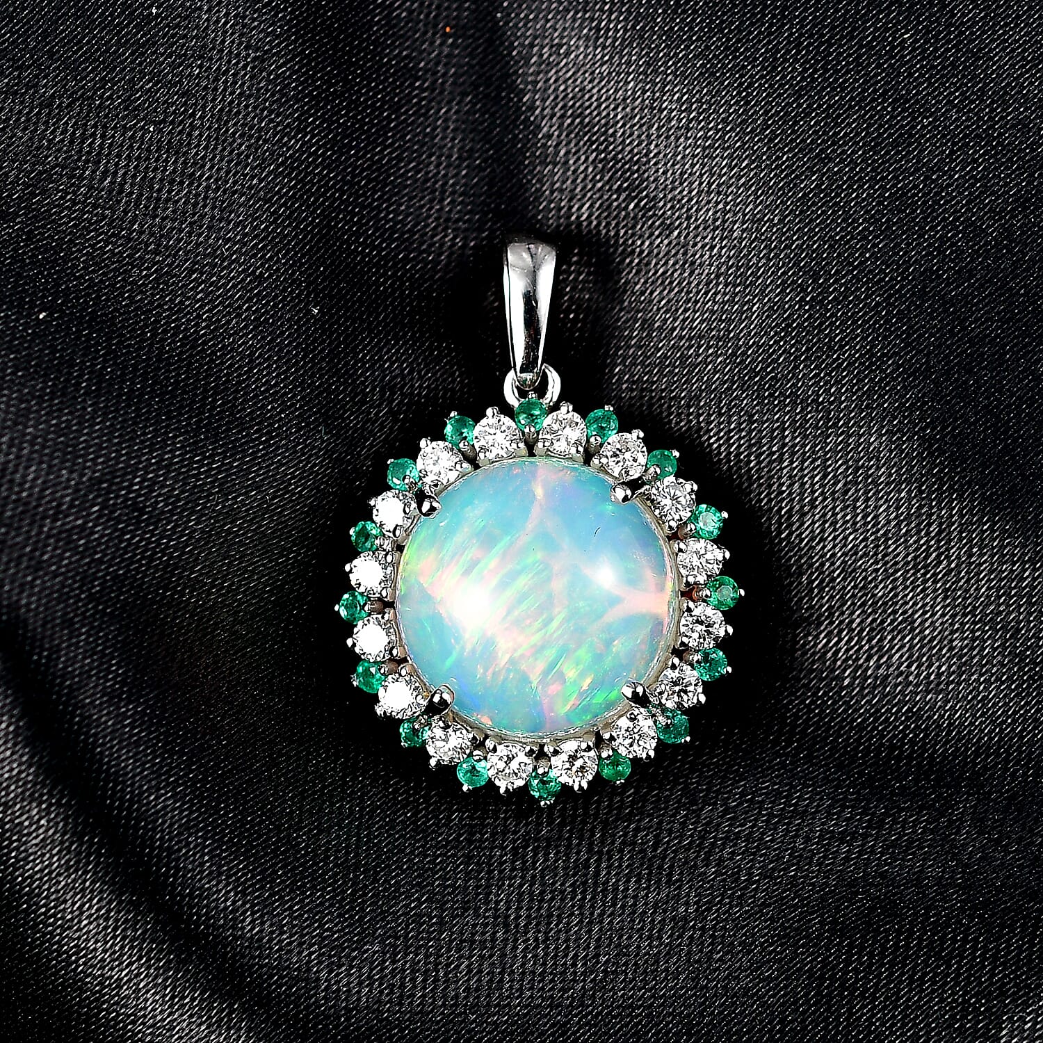 Luxuriant 950 Platinum AAA Ethiopian Opal Emerald & SI-G-H Lab Grown Diamond Halo Pendant 6.47 Ct, Platinum Wt. 4.13 Gms
