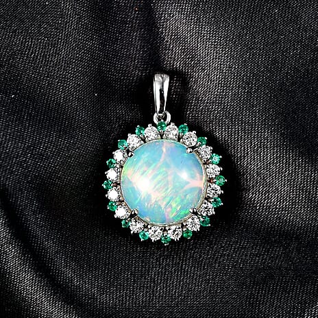 Luxuriant 950 Platinum AAA Ethiopian Opal Emerald & SI-G-H Lab Grown Diamond Halo Pendant 6.47 Ct, Platinum Wt. 4.13 Gms