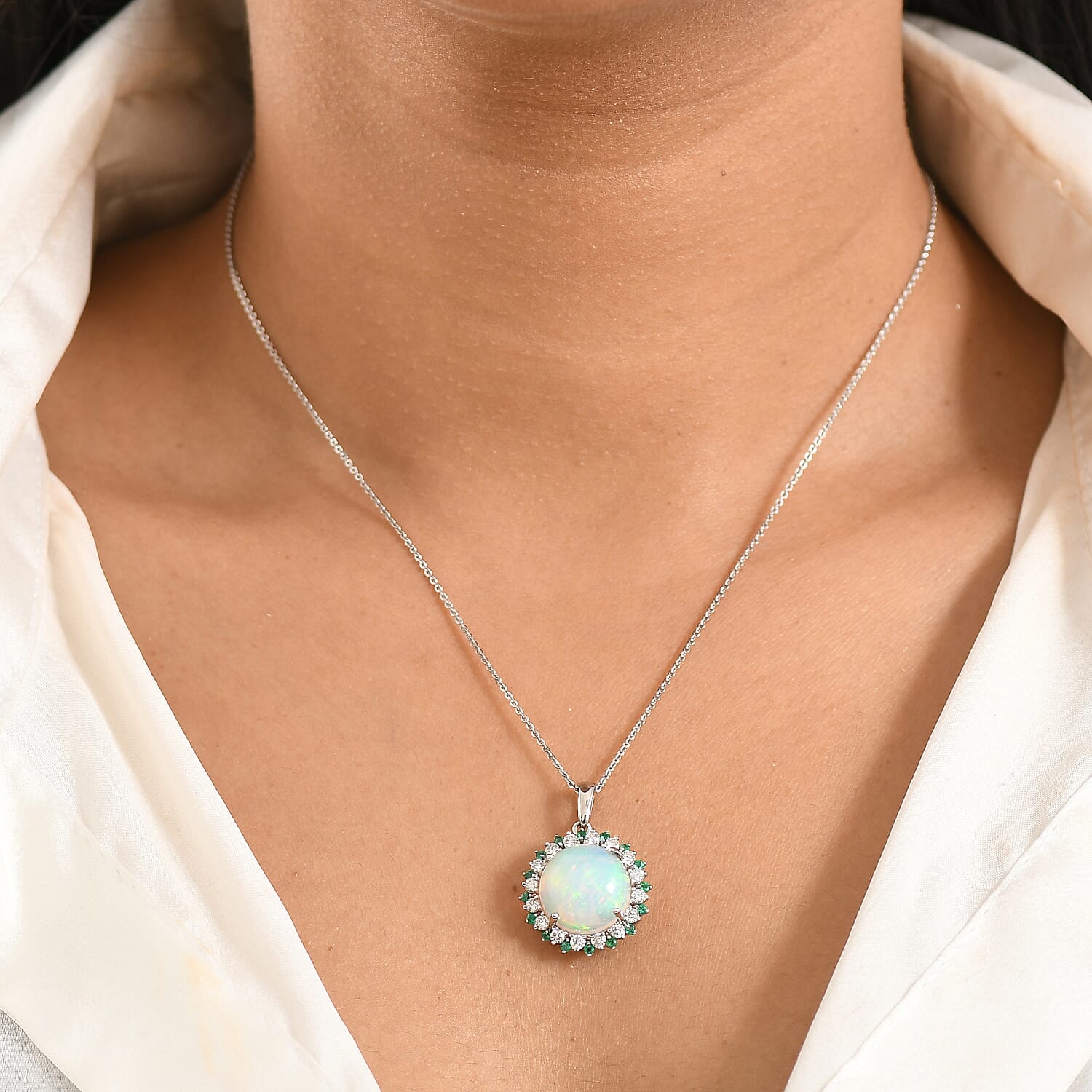 Luxuriant 950 Platinum AAA Ethiopian Opal Emerald & SI-G-H Lab Grown Diamond Halo Pendant 6.47 Ct, Platinum Wt. 4.13 Gms