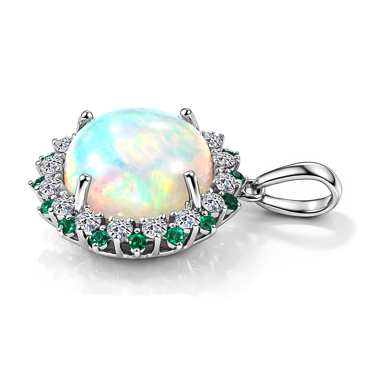 Luxuriant 950 Platinum AAA Ethiopian Opal Emerald & SI-G-H Lab Grown Diamond Halo Pendant 6.47 Ct, Platinum Wt. 4.13 Gms