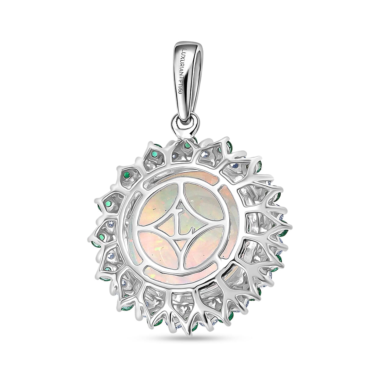 Luxuriant 950 Platinum AAA Ethiopian Opal Emerald & SI-G-H Lab Grown Diamond Halo Pendant 6.47 Ct, Platinum Wt. 4.13 Gms