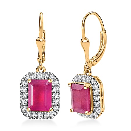 D'Joy African Ruby, Moissanite Halo Lever Back Earring in 18K Vermeil Yellow Gold Plated Sterling Silver 5.52 Ct.