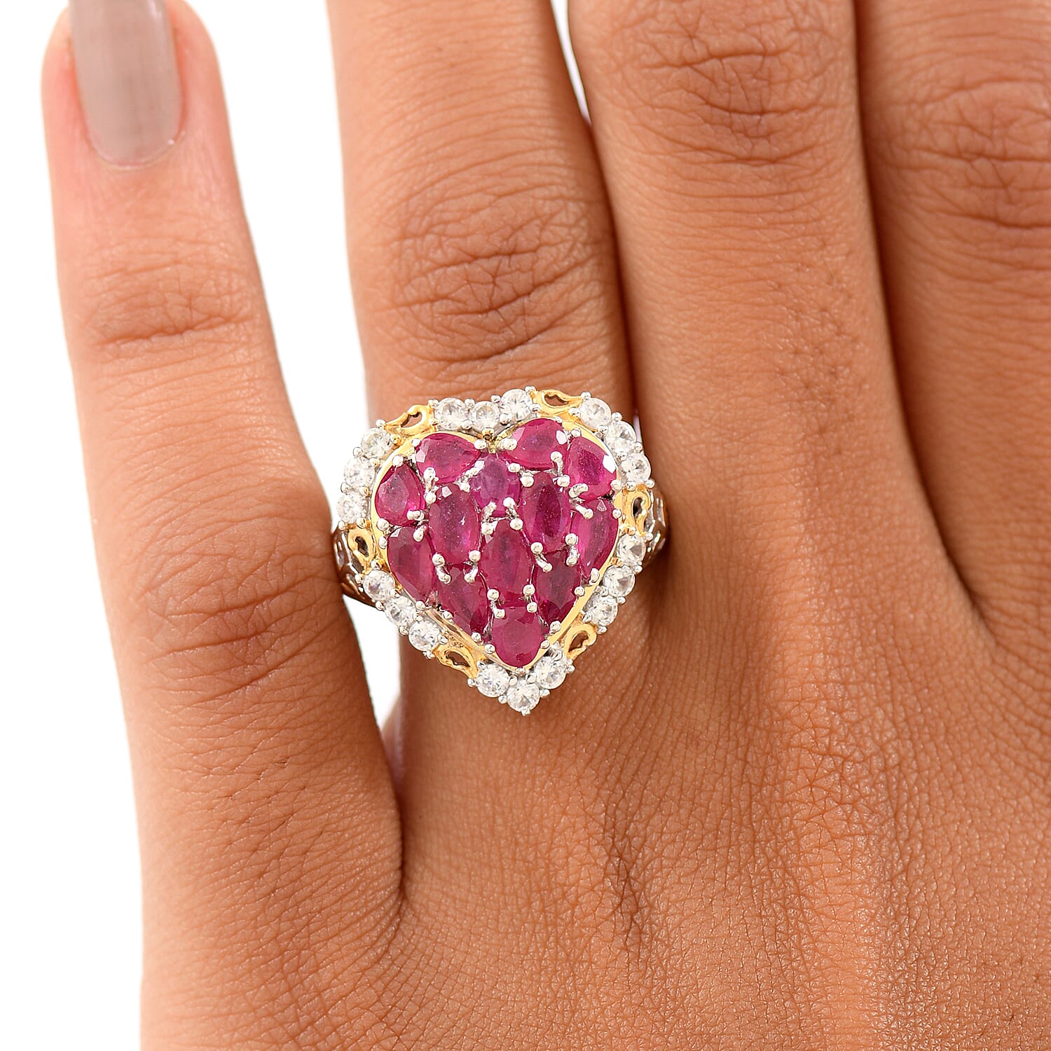 D'Joy African Ruby & White Zircon Cluster Ring in 18K Vermeil Yellow Gold Plated & Rhodium Overlay Sterling Silver 4.62 Ct, Silver Wt. 5.14 Gms.