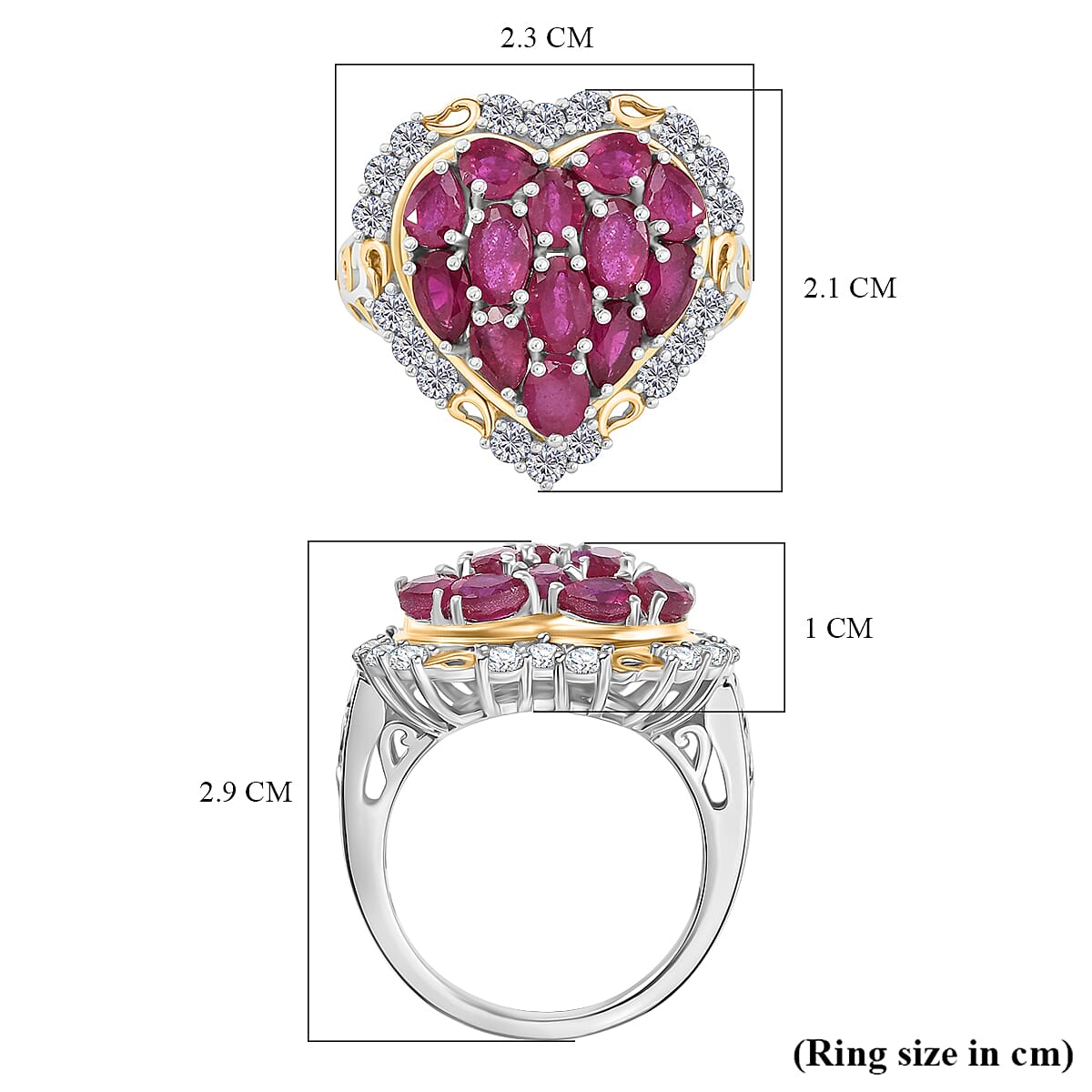 D'Joy African Ruby & White Zircon Cluster Ring in 18K Vermeil Yellow Gold Plated & Rhodium Overlay Sterling Silver 4.62 Ct, Silver Wt. 5.14 Gms.