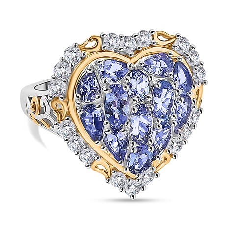 D'Joy Tanzanite & White Zircon Cluster Ring in 18K Vermeil Yellow Gold Plated & Rhodium Overlay Sterling Silver 3.33 Ct.