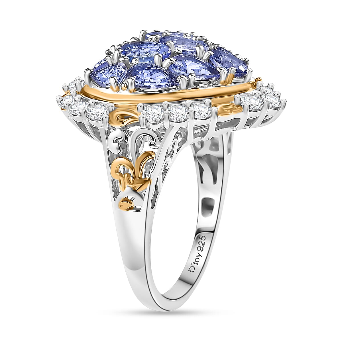D'Joy Tanzanite & White Zircon Cluster Ring in 18K Vermeil Yellow Gold Plated & Rhodium Overlay Sterling Silver 3.33 Ct.