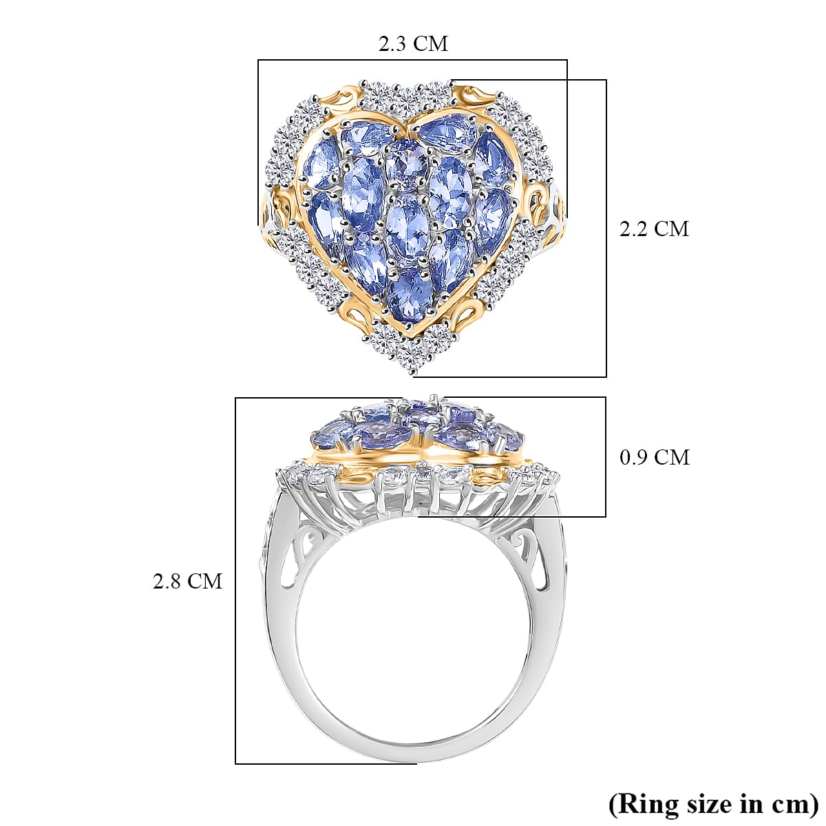 D'Joy Tanzanite & White Zircon Cluster Ring in 18K Vermeil Yellow Gold Plated & Rhodium Overlay Sterling Silver 3.33 Ct.