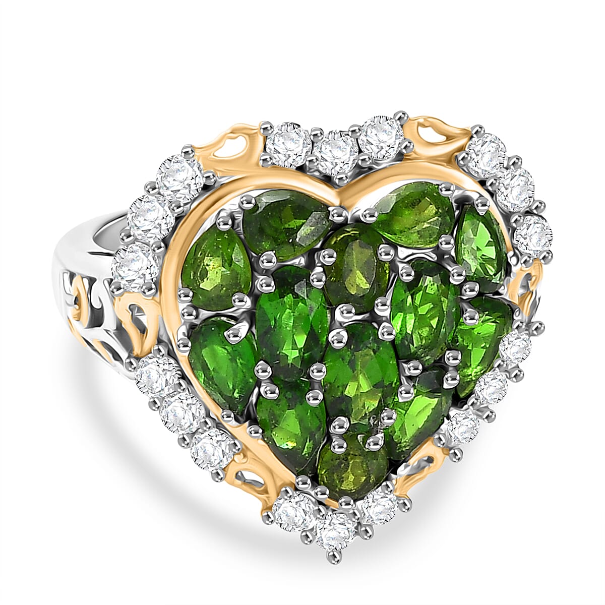D'Joy Natural Chrome Diopside & White Zircon Cluster Ring in 18K Vermail Yellow Gold Plated & Rhodium Overlay Sterling Silver 3.66 Ct.