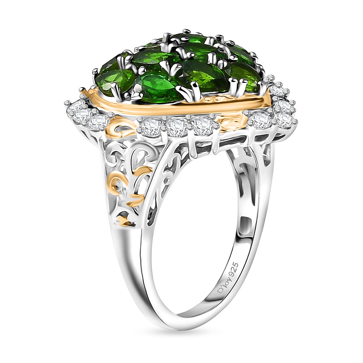 D'Joy Natural Chrome Diopside & White Zircon Cluster Ring in 18K Vermail Yellow Gold Plated & Rhodium Overlay Sterling Silver 3.66 Ct.