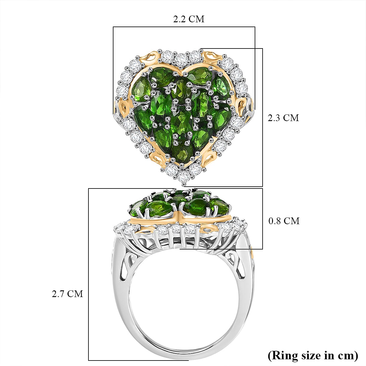 D'Joy Natural Chrome Diopside & White Zircon Cluster Ring in 18K Vermail Yellow Gold Plated & Rhodium Overlay Sterling Silver 3.66 Ct.