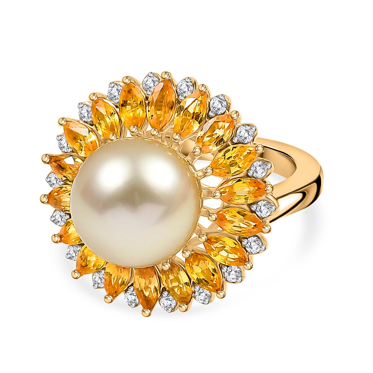 D'Joy Golden South Sea Pearl, Yellow Sapphire & White Zircon Ring in 18K Vermeil Yellow Gold Plated Sterling Silver 8.10 Ct.