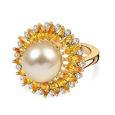D'Joy Golden South Sea Pearl, Yellow Sapphire & White Zircon Ring in 18K Vermeil Yellow Gold Plated Sterling Silver 8.10 Ct.