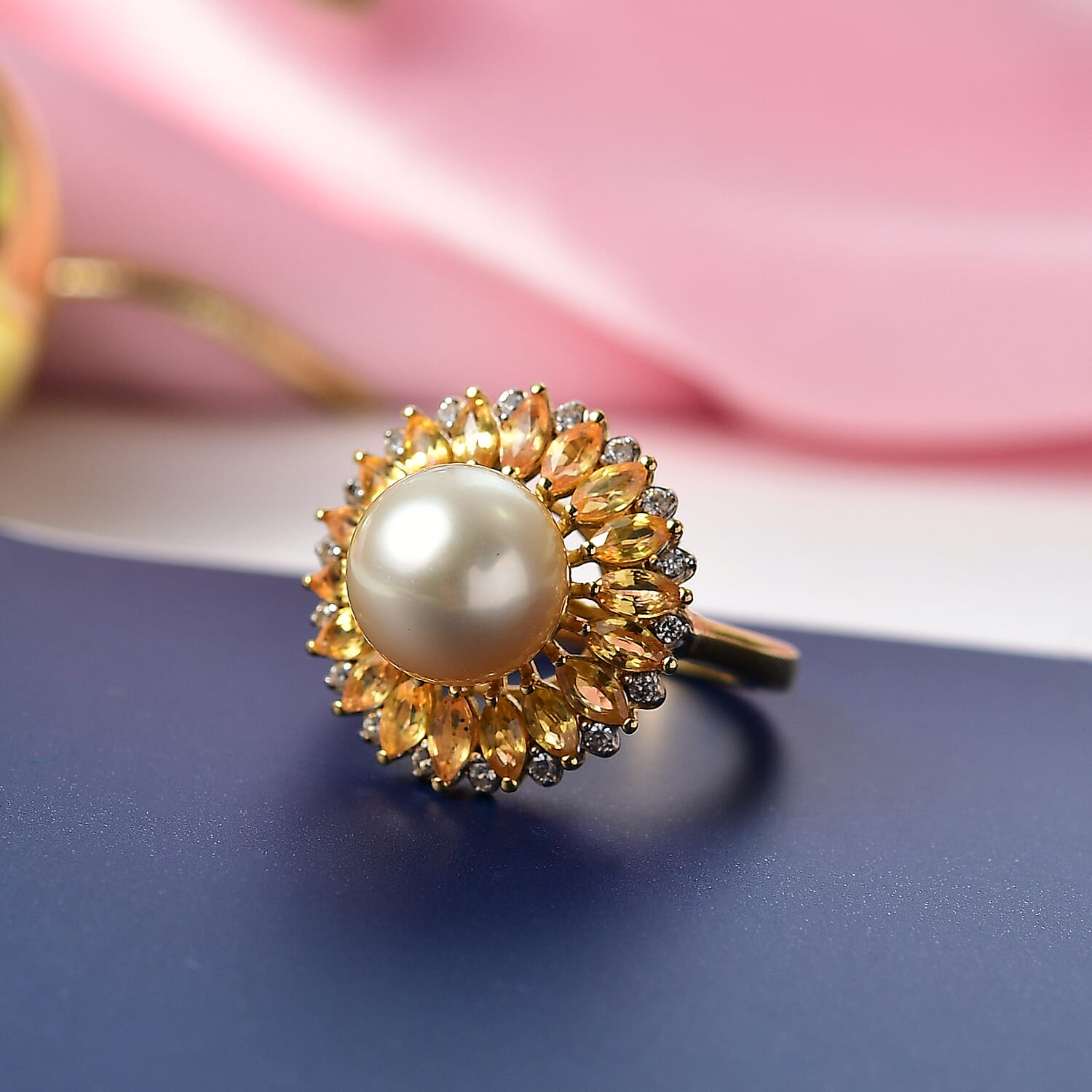 D'Joy Golden South Sea Pearl, Yellow Sapphire & White Zircon Ring in 18K Vermeil Yellow Gold Plated Sterling Silver 8.10 Ct.