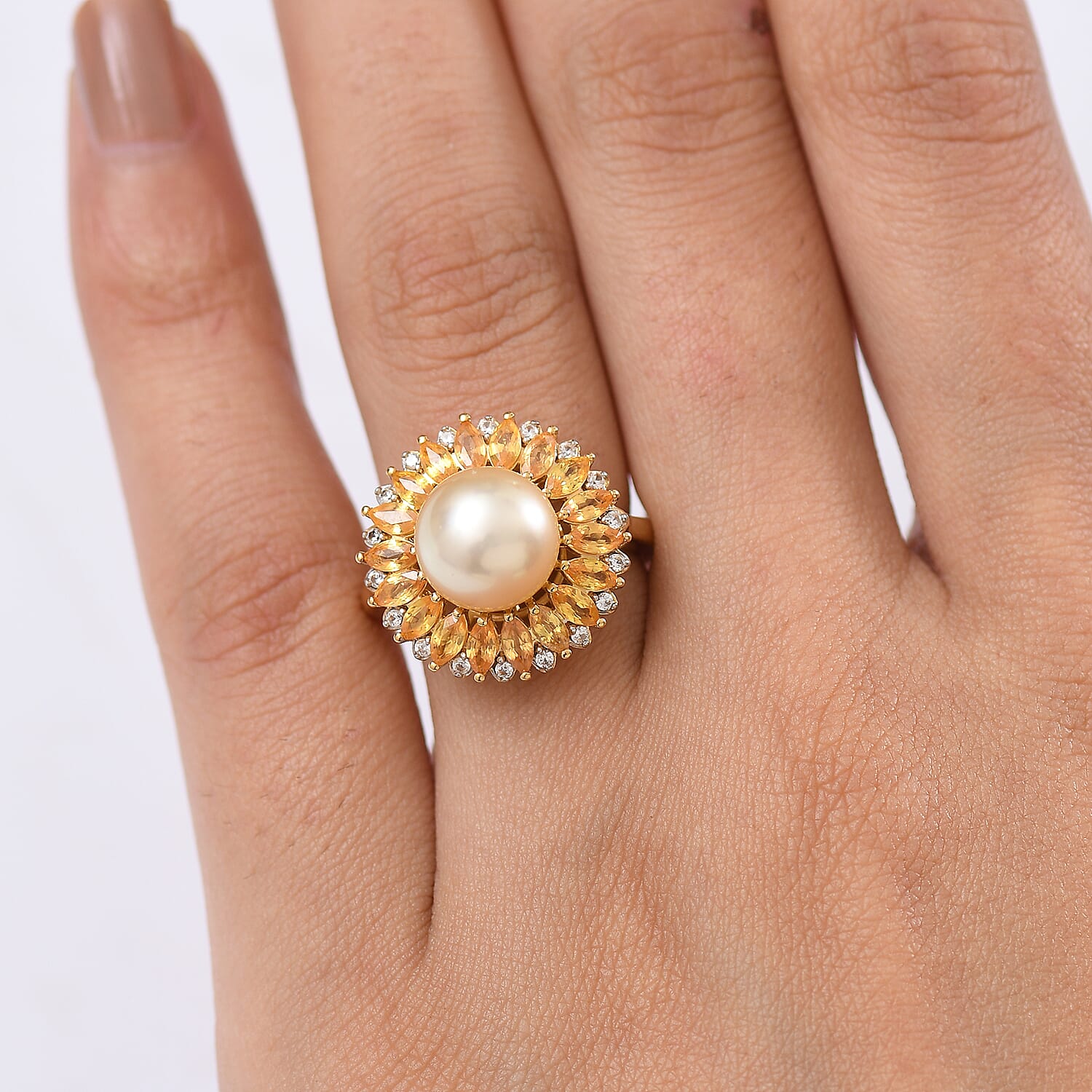 D'Joy Golden South Sea Pearl, Yellow Sapphire & White Zircon Ring in 18K Vermeil Yellow Gold Plated Sterling Silver 8.10 Ct.