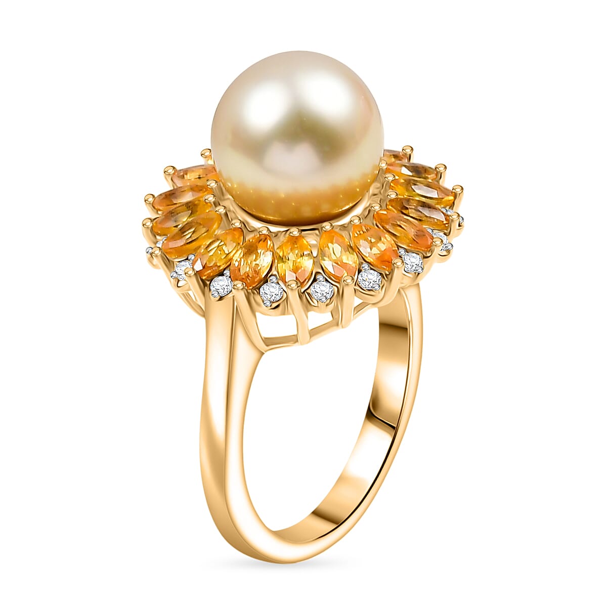 D'Joy Golden South Sea Pearl, Yellow Sapphire & White Zircon Ring in 18K Vermeil Yellow Gold Plated Sterling Silver 8.10 Ct.