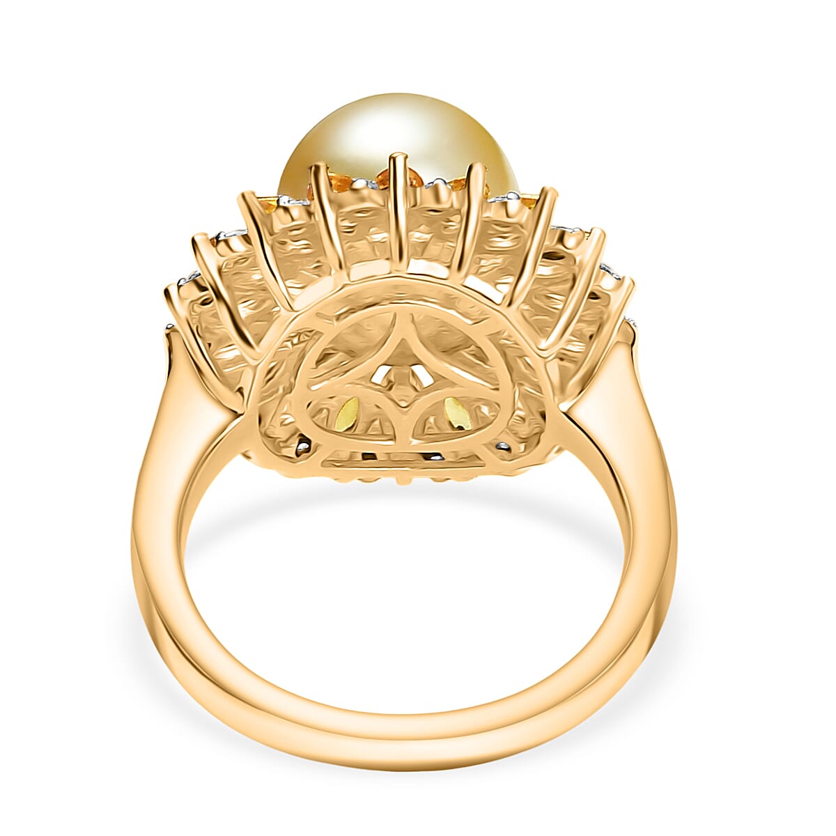 D'Joy Golden South Sea Pearl, Yellow Sapphire & White Zircon Ring in 18K Vermeil Yellow Gold Plated Sterling Silver 8.10 Ct.
