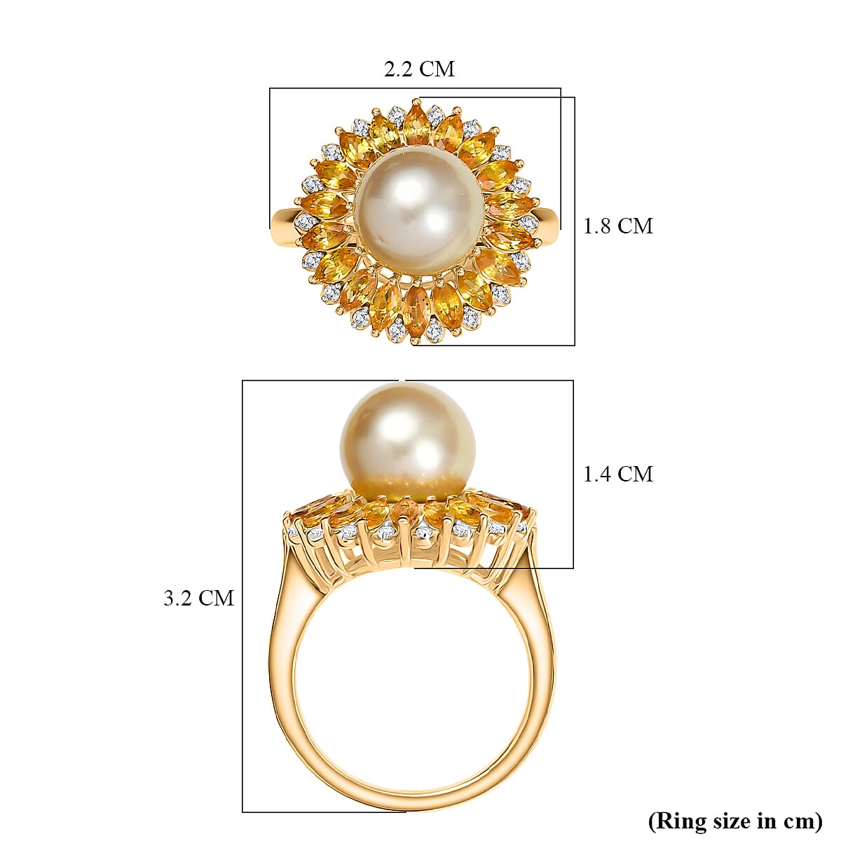 D'Joy Golden South Sea Pearl, Yellow Sapphire & White Zircon Ring in 18K Vermeil Yellow Gold Plated Sterling Silver 8.10 Ct.