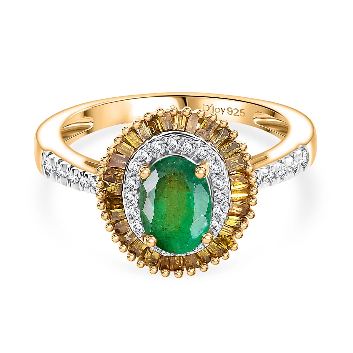 D'Joy Premium Emerald, Yellow Diamond & White Diamond Ring in 18K Vermeil Yellow Gold Plated Sterling Silver 1.14 Ct.
