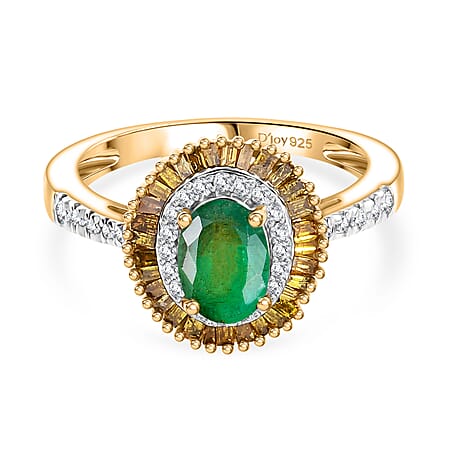 D'Joy Premium Emerald, Yellow Diamond & White Diamond Ring in 18K Vermeil Yellow Gold Plated Sterling Silver 1.14 Ct.