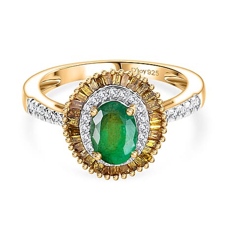 D'Joy Premium Emerald, Yellow Diamond & White Diamond Ring in 18K Vermeil Yellow Gold Plated Sterling Silver 1.14 Ct.