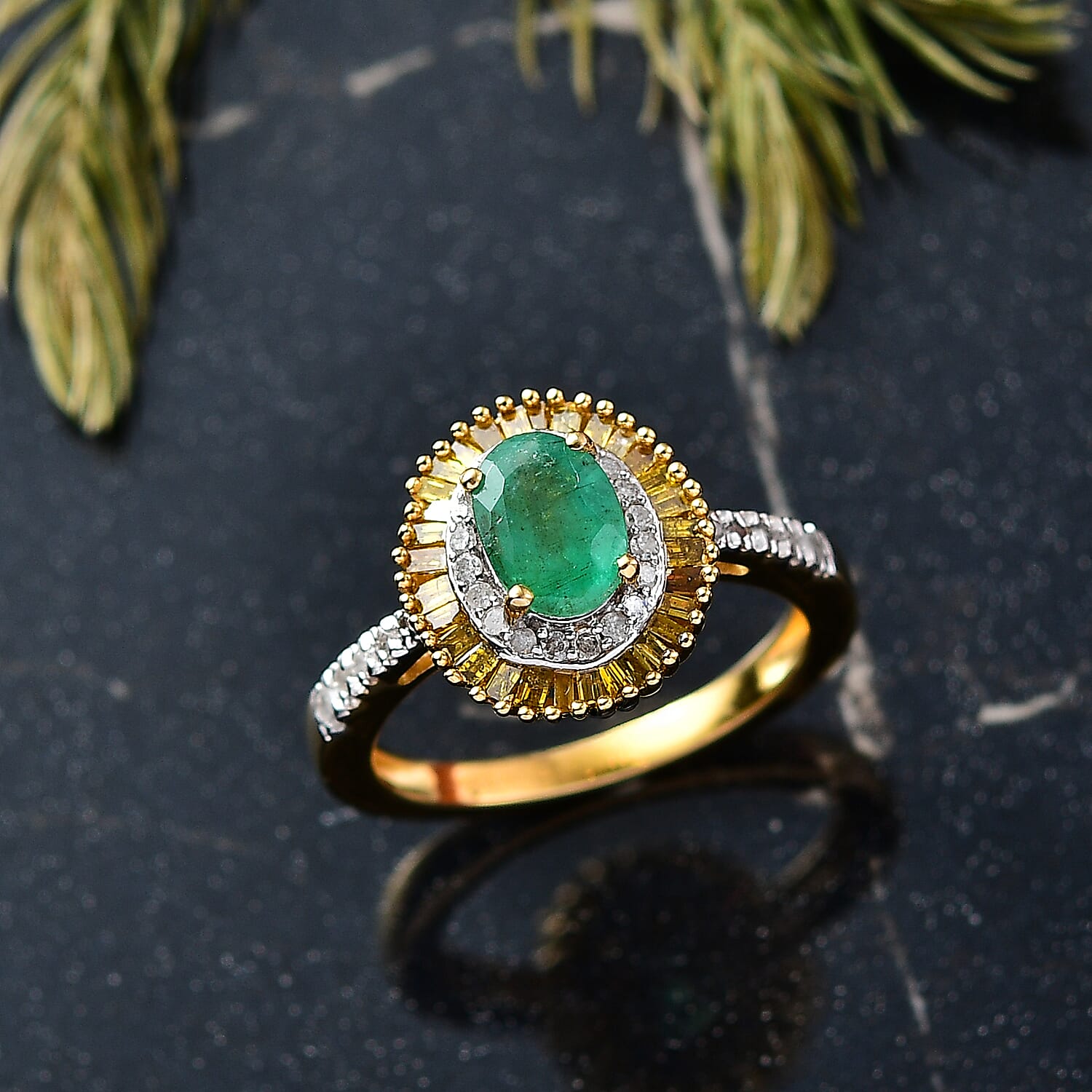 D'Joy Premium Emerald, Yellow Diamond & White Diamond Ring in 18K Vermeil Yellow Gold Plated Sterling Silver 1.14 Ct.