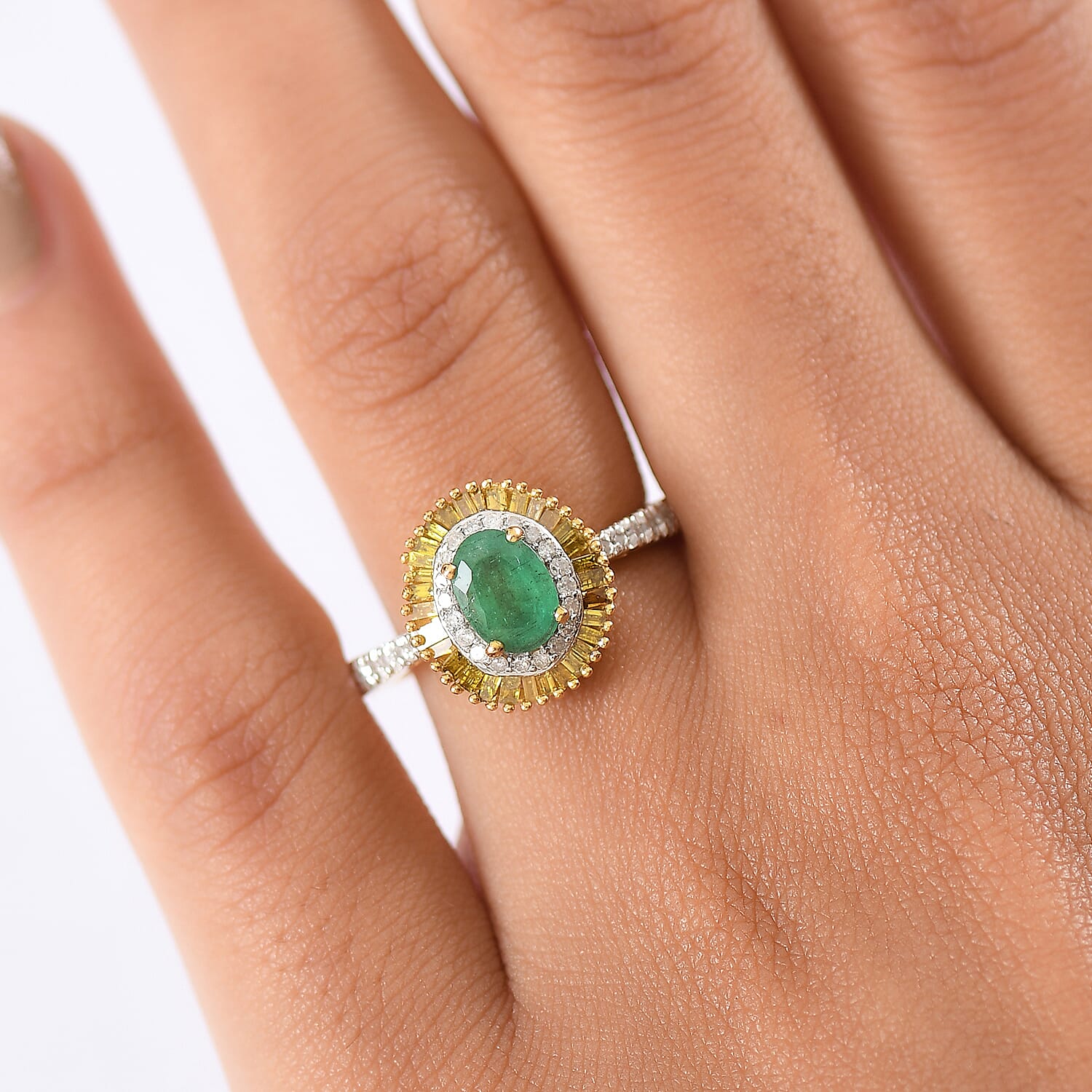 D'Joy Premium Emerald, Yellow Diamond & White Diamond Ring in 18K Vermeil Yellow Gold Plated Sterling Silver 1.14 Ct.