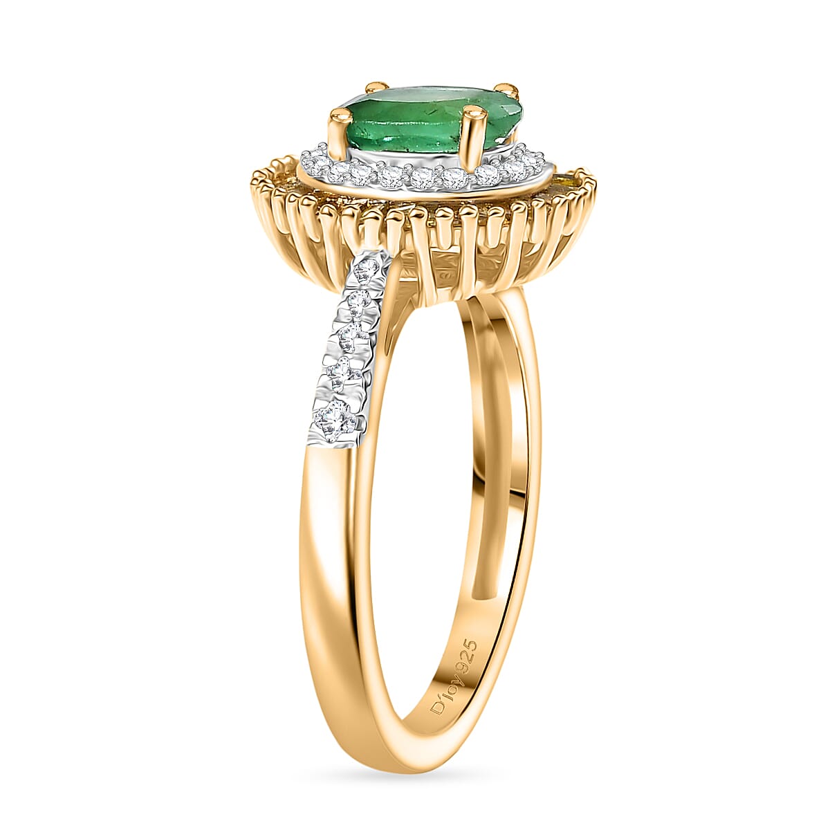 D'Joy Premium Emerald, Yellow Diamond & White Diamond Ring in 18K Vermeil Yellow Gold Plated Sterling Silver 1.14 Ct.