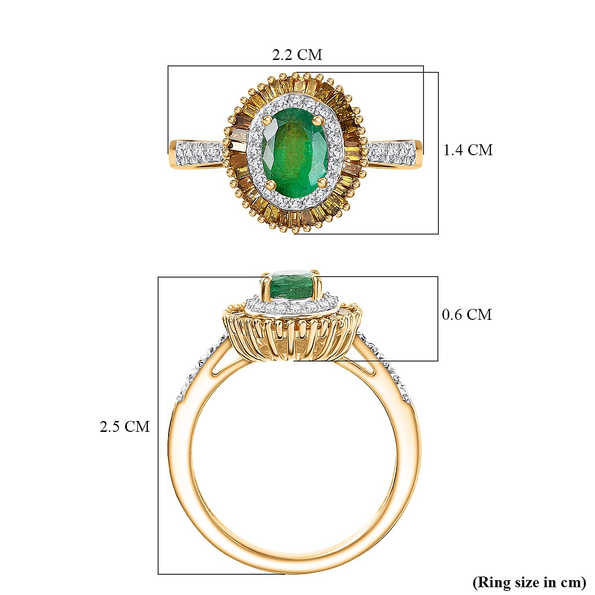 D'Joy Premium Emerald, Yellow Diamond & White Diamond Ring in 18K Vermeil Yellow Gold Plated Sterling Silver 1.14 Ct.