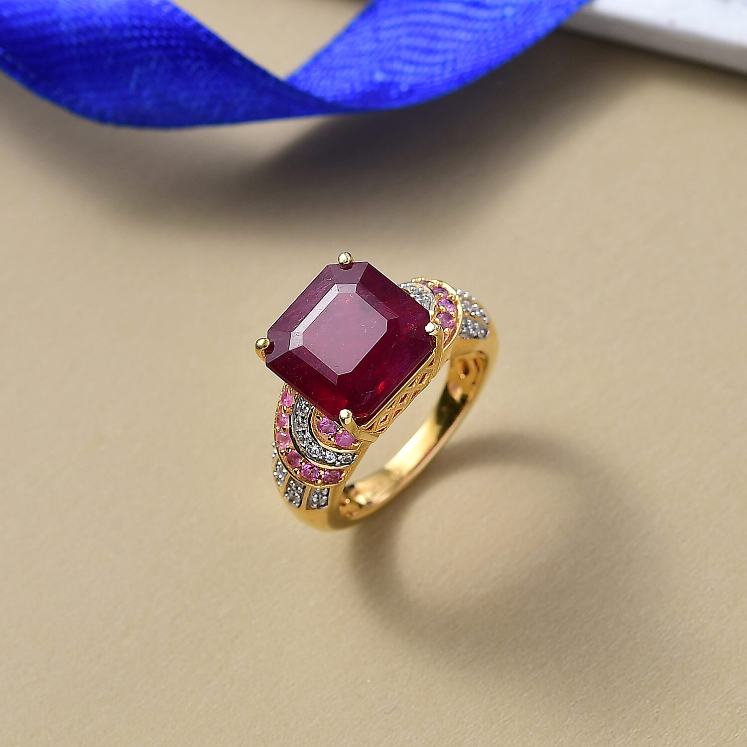D'Joy Fissure Filled Ruby, Pink Sapphire & White Zircon Ring in 18K Vermeil Yellow Gold Plated Sterling Silver 11.11 Ct.