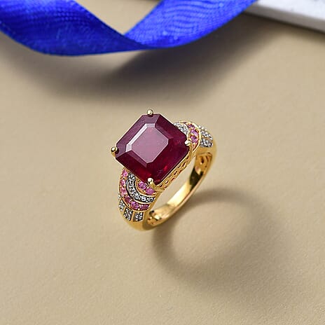D'Joy Fissure Filled Ruby, Pink Sapphire & White Zircon Ring in 18K Vermeil Yellow Gold Plated Sterling Silver 11.11 Ct.