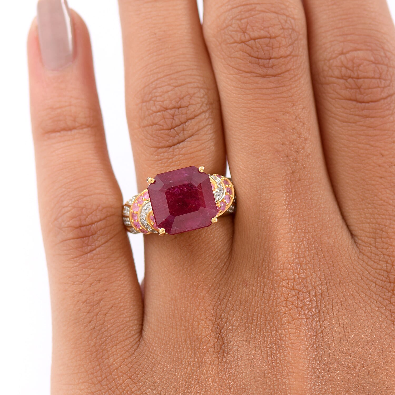 D'Joy Fissure Filled Ruby, Pink Sapphire & White Zircon Ring in 18K Vermeil Yellow Gold Plated Sterling Silver 11.11 Ct.