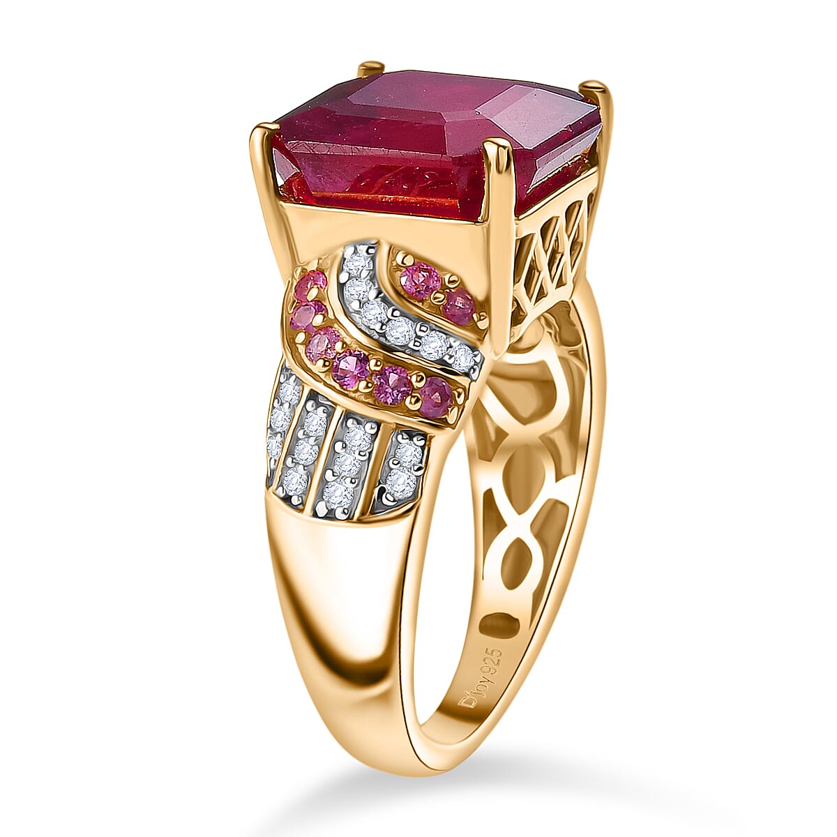 D'Joy Fissure Filled Ruby, Pink Sapphire & White Zircon Ring in 18K Vermeil Yellow Gold Plated Sterling Silver 11.11 Ct.