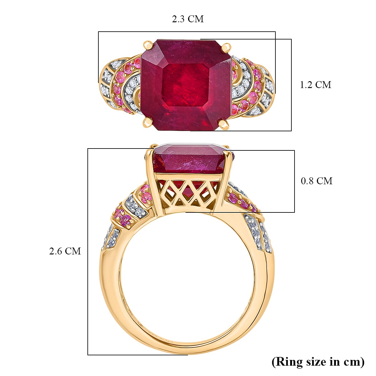 D'Joy Fissure Filled Ruby, Pink Sapphire & White Zircon Ring in 18K Vermeil Yellow Gold Plated Sterling Silver 11.11 Ct.