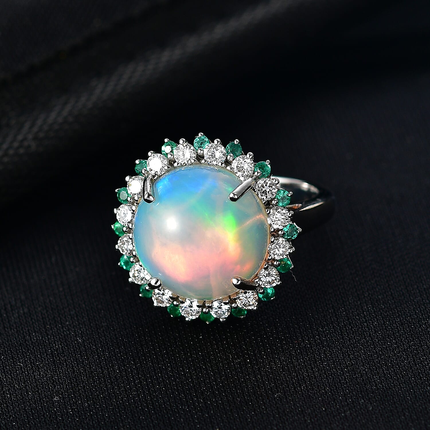 950 Platinum AAA Ethiopian Opal, Natural Emerald & SI-G-H Lab Grown Diamond Halo Ring 6.50 Ct, Platinum Wt. 6.82 Gms