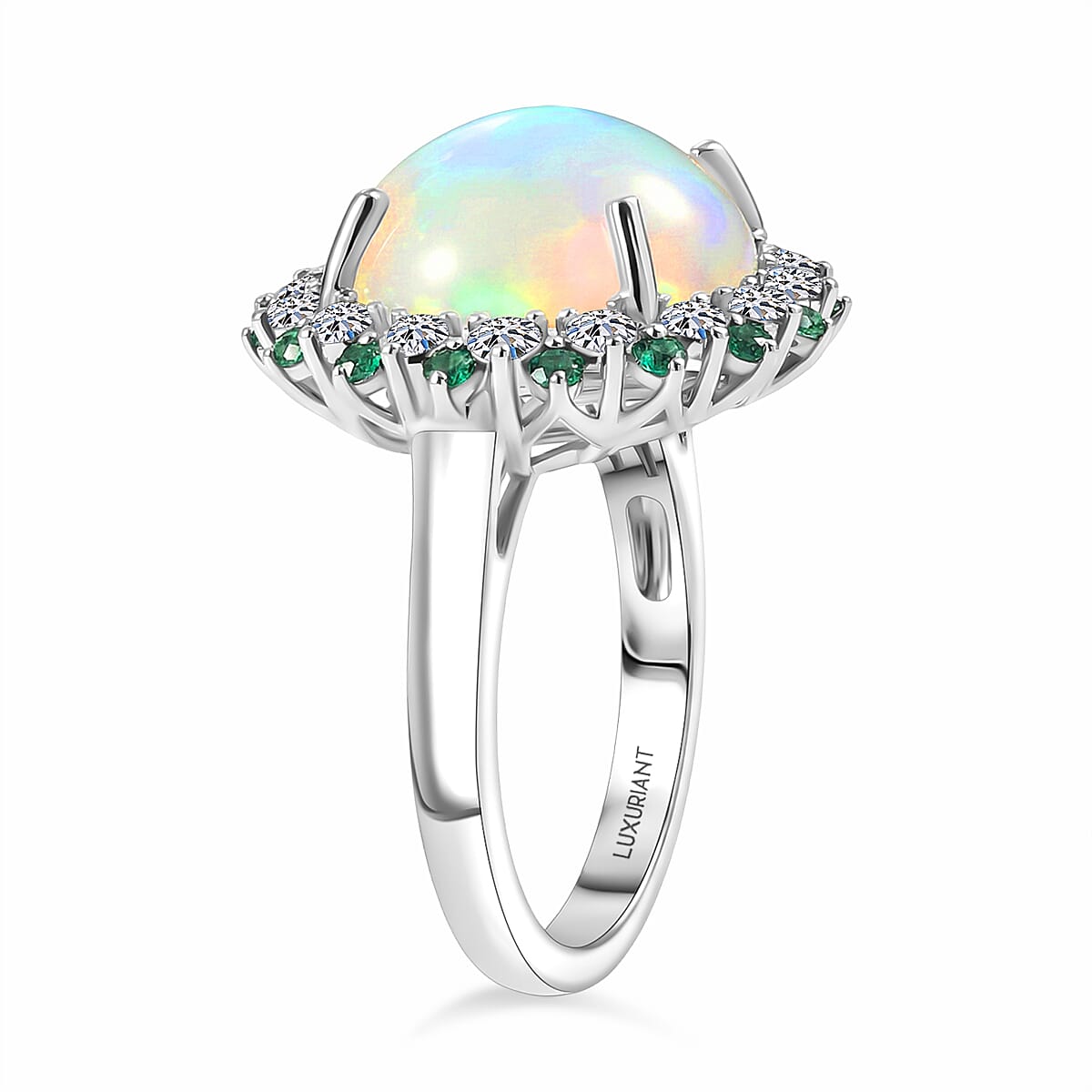 950 Platinum AAA Ethiopian Opal, Natural Emerald & SI-G-H Lab Grown Diamond Halo Ring 6.50 Ct, Platinum Wt. 6.82 Gms