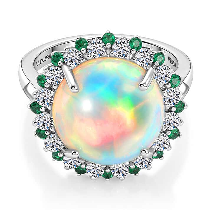 950 Platinum AAA Ethiopian Opal, Natural Emerald & SI-G-H Lab Grown Diamond Halo Ring 6.50 Ct, Platinum Wt. 6.82 Gms