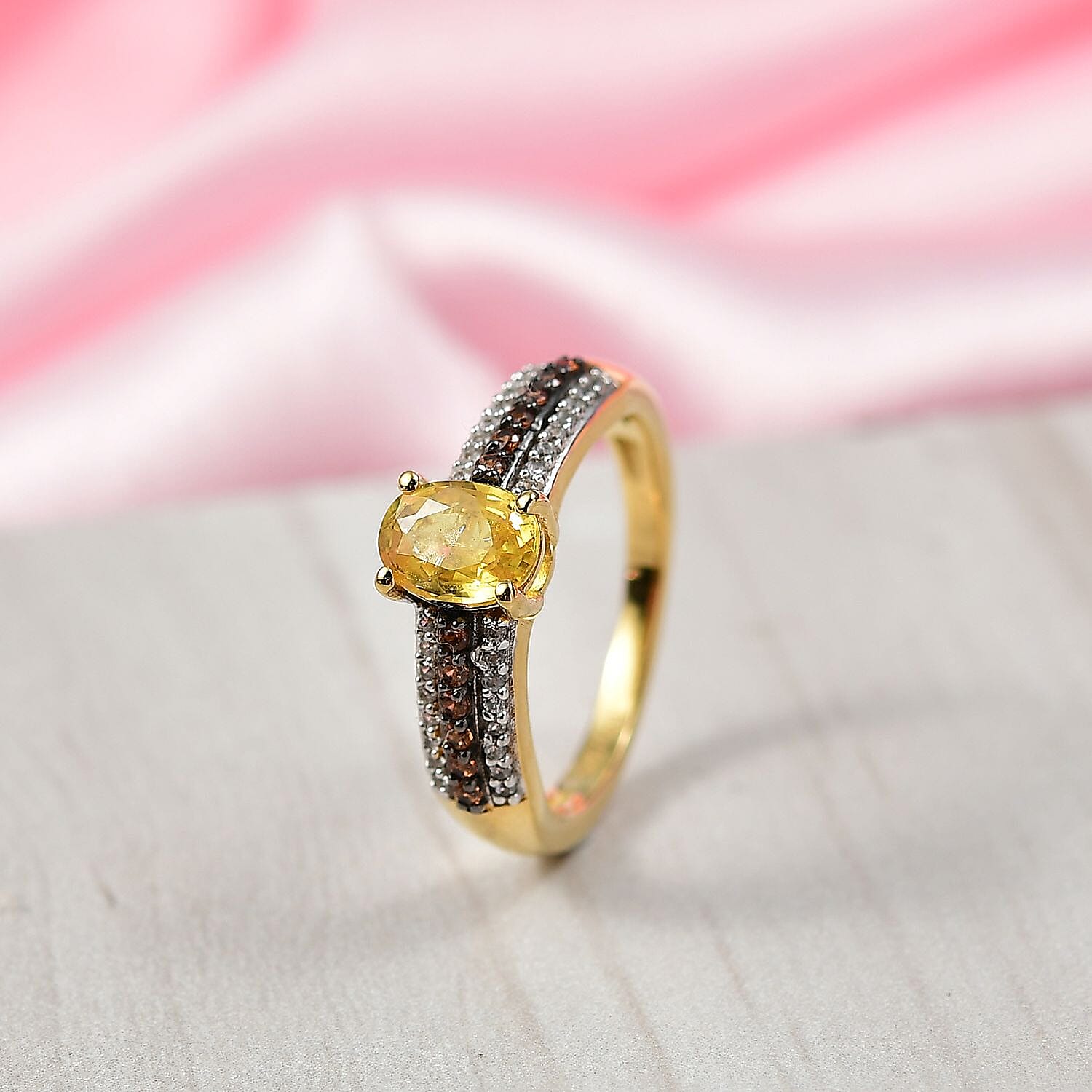 D'Joy Yellow Sapphire, Brown Zircon & White Zircon Ring in 18K Vermeil Yellow Gold Plated Sterling Silver 1.47 Ct.