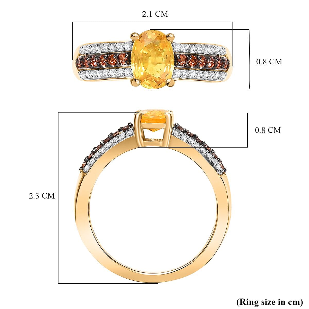 D'Joy Yellow Sapphire, Brown Zircon & White Zircon Ring in 18K Vermeil Yellow Gold Plated Sterling Silver 1.47 Ct.