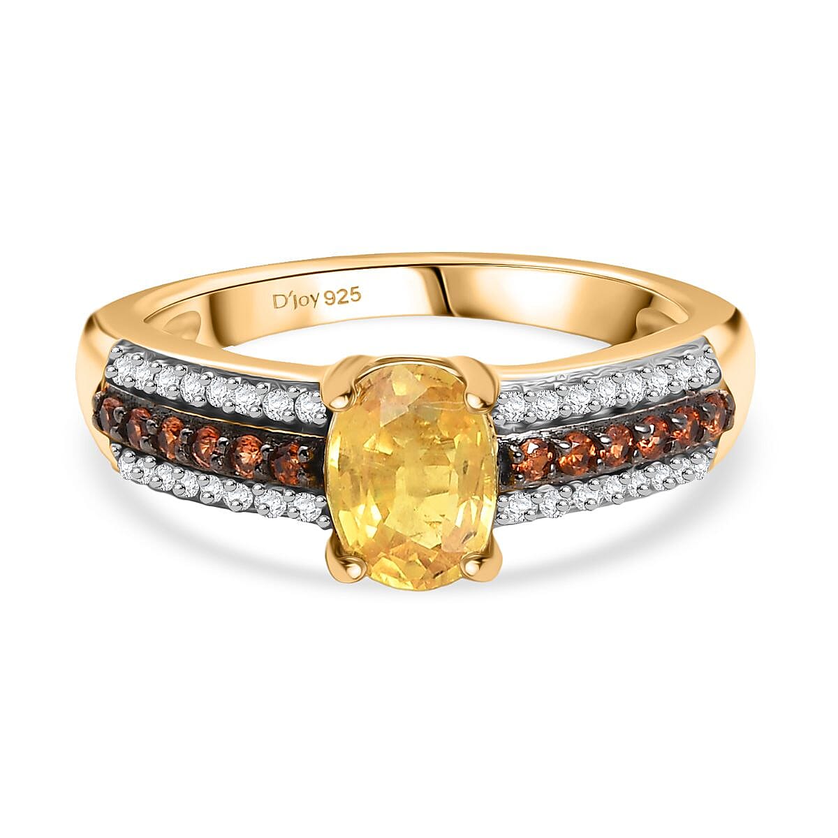 D'Joy Yellow Sapphire, Brown Zircon and White Zircon Ring in 18K Vermeil Yellow Gold Plated Sterling Silver 1.47 Ct.