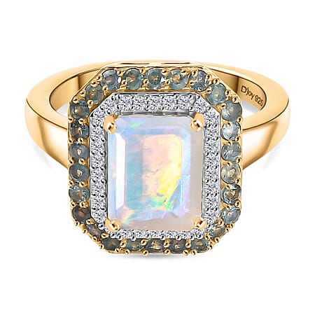 D'Joy Ethiopian Opal, Alexandrite and White Zircon Double Halo Ring in 18K Vermeil Yellow Gold Plated Sterling Silver 2.20 Ct.
