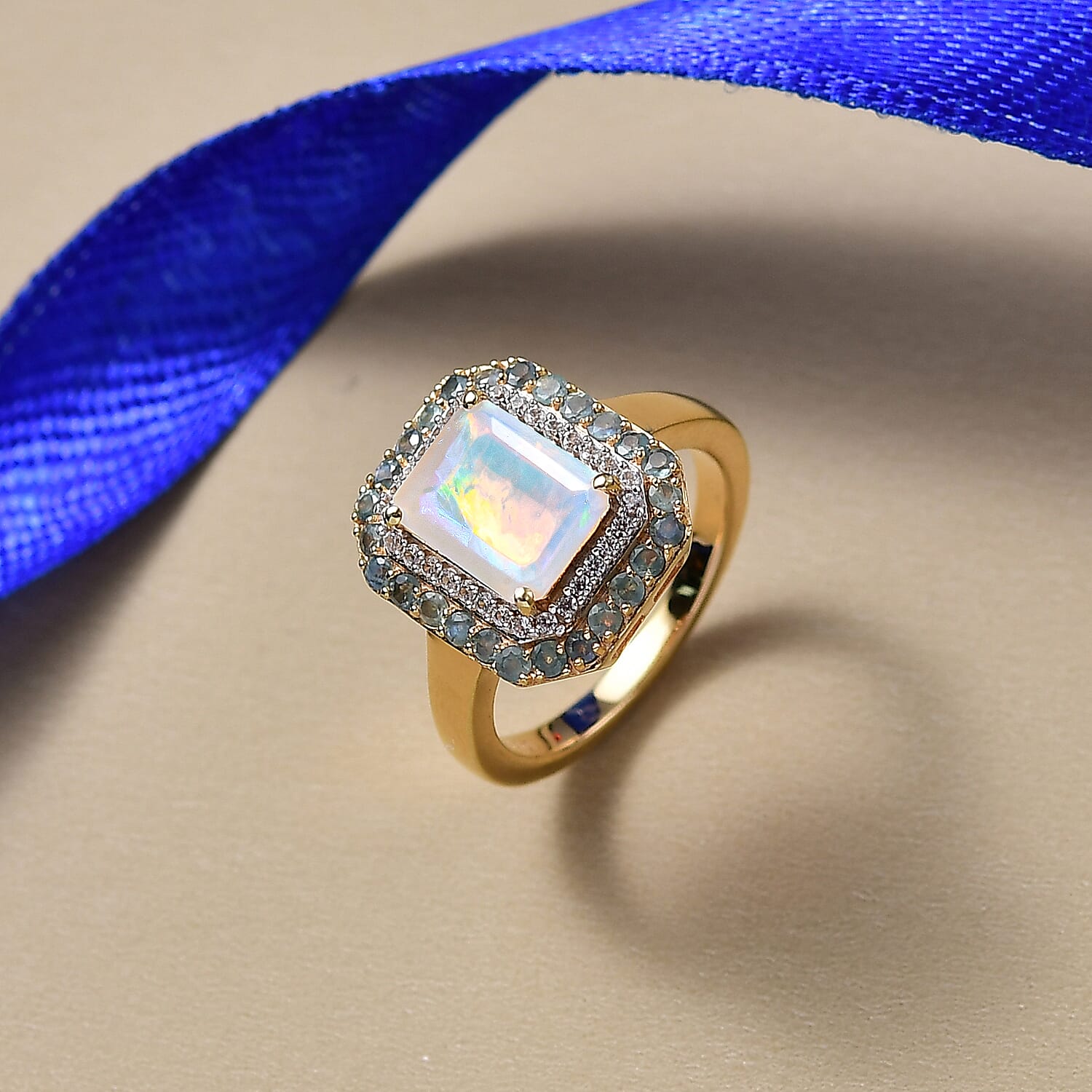 D'Joy Ethiopian Opal, Alexandrite & White Zircon Ring in 18K Vermeil Yellow Gold Plated Sterling Silver 2.20 Ct.