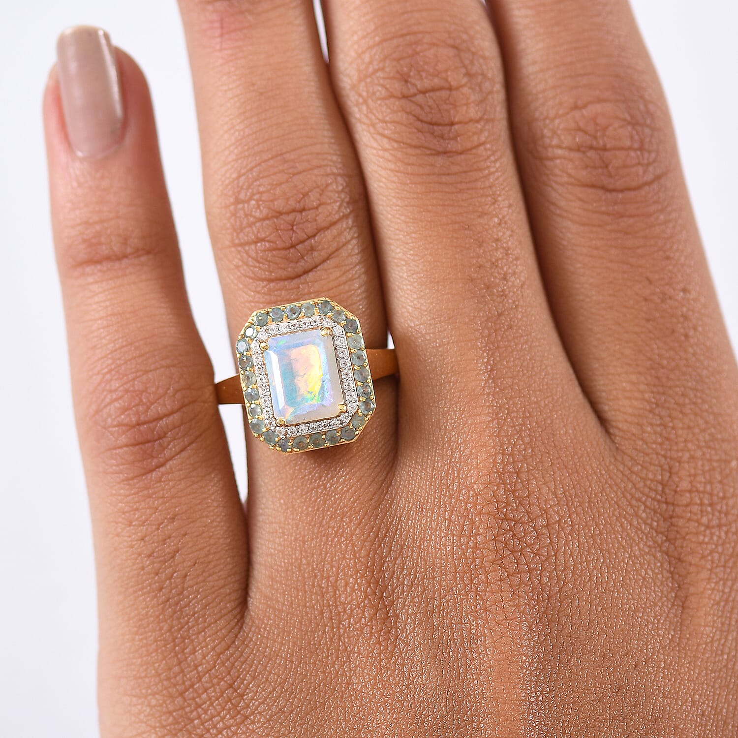 D'Joy Ethiopian Opal, Alexandrite & White Zircon Ring in 18K Vermeil Yellow Gold Plated Sterling Silver 2.20 Ct.