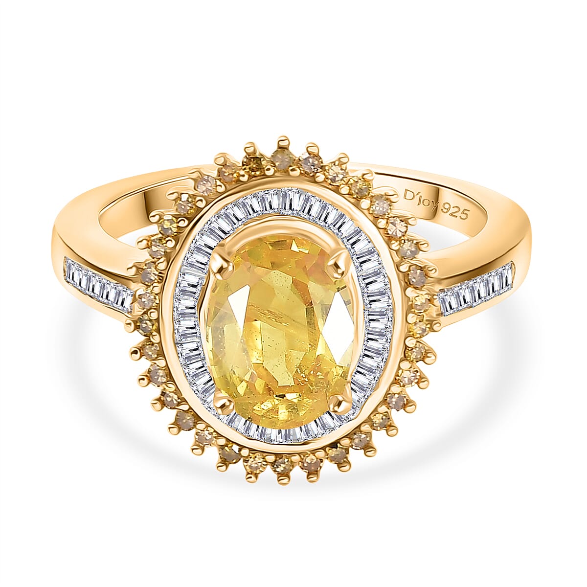 D'Joy Yellow Sapphire, Yellow Diamond, White Diamond Double Halo Ring in 18K Vermeil Yellow Gold Plated Sterling Silver  2.17  Ct.