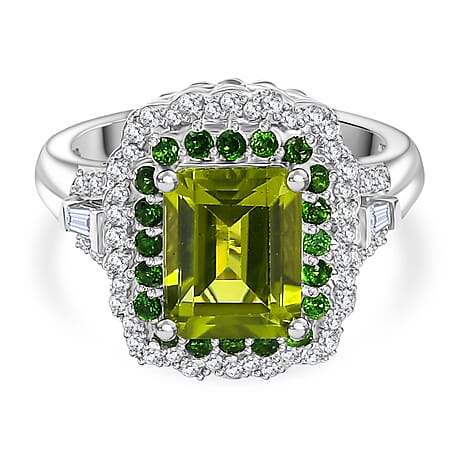 D'Joy Peridot, Natural Chrome Diopside & White Zircon Solitaire Ring in Rhodium Overlay Sterling Silver 3.65 Ct.